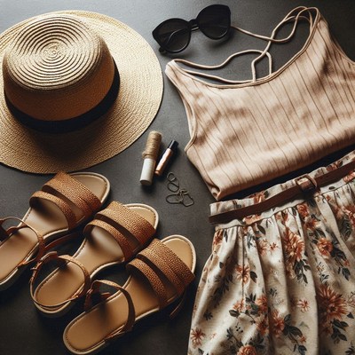 Summer outfit essentials laid out on a table