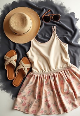 A flat lay of a pink floral dress with a beige top