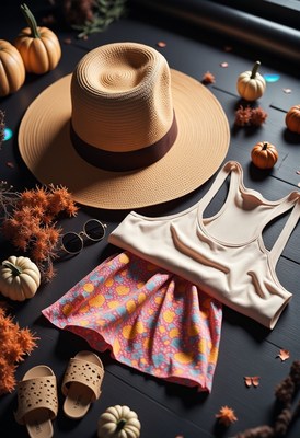 Straw hat, tank top, skirt, sandals, pumpkins