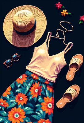 Straw hat, tank top, skirt, and sandals on dark