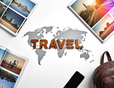 Travel images on a white backdrop with a world map