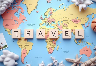 The word travel spelled out on a world map