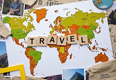 The word travel spelled out on a world map