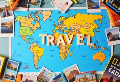Map with travel photos and travel in wood letters