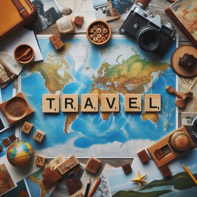 Wooden tiles spell travel on a world map