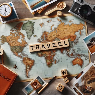 Wooden tiles spelling travel on a world map