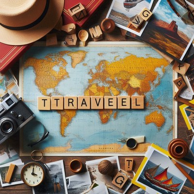 Wooden blocks spelling travel on a world map