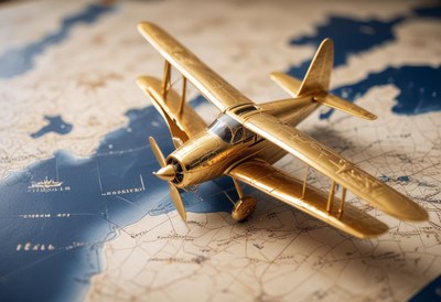 A golden airplane model sits on a map