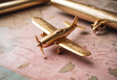 A golden airplane model sits on a map