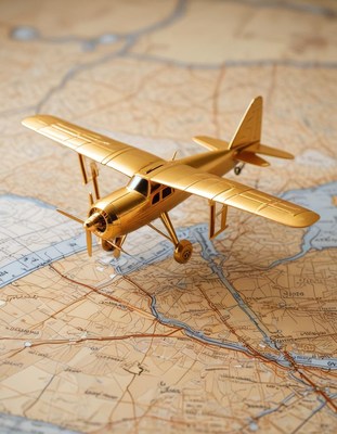 A golden airplane model sits on a map