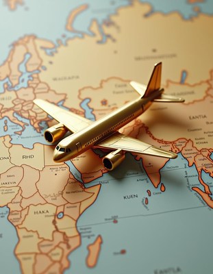A gold airplane sits on a map of the world