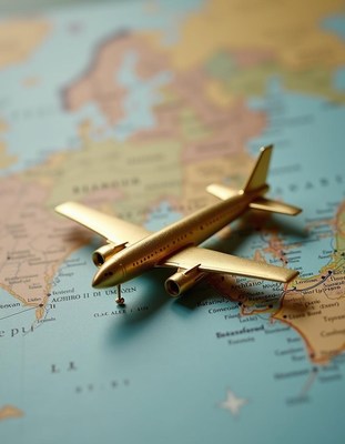 A gold airplane sits on a map of europe
