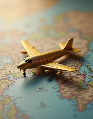 A golden airplane sits on a world map