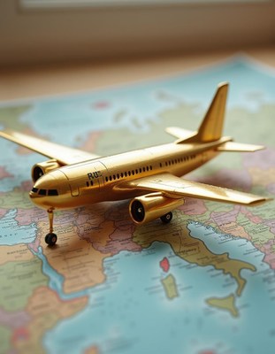 A golden airplane model sits on a world map