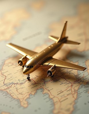 A gold airplane model sits on a map