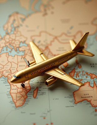A golden airplane model sits on a map of the world