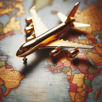 A gold airplane model rests on a world map