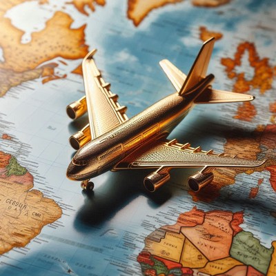 A golden airplane sits on a world map