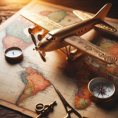 A gold airplane model sits on a vintage world map