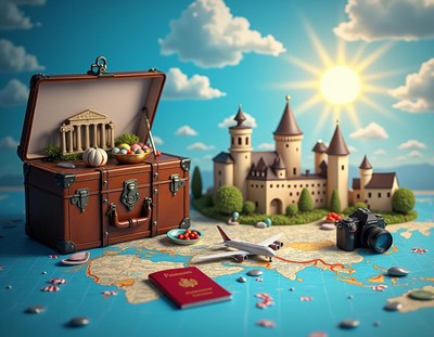 A suitcase packed with travel souvenirs sits on a world map