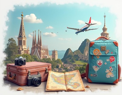 Vintage suitcase and backpack await adventure