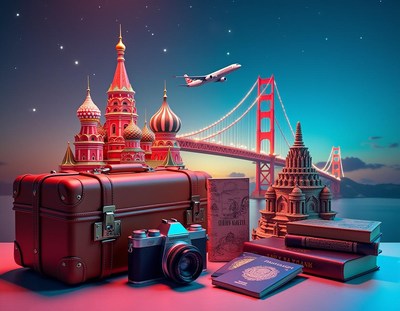 A brown vintage suitcase and a black camera rest on a table