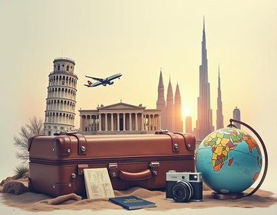 A brown suitcase sits on sand with a globe and camera nearby