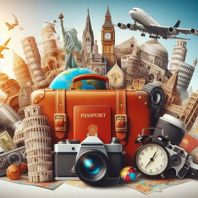 A brown suitcase with a passport sits among iconic landmarks
