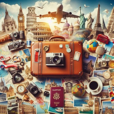 Vintage suitcase with travel gear on landmark postcards