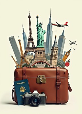 A suitcase with a passport and camera near landmarks