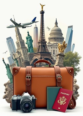 Suitcase awaits travel by famous landmarks
