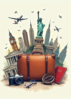 A suitcase packed for a trip around the world