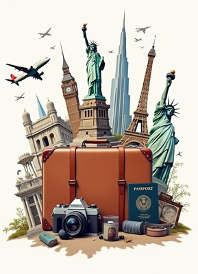 Suitcase awaits by famous landmarks, ready to travel