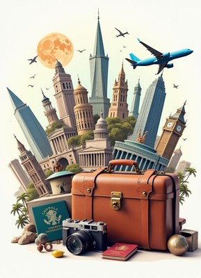 A brown suitcase by landmarks with a plane above