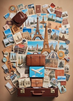 Vintage travel photos surround luggage