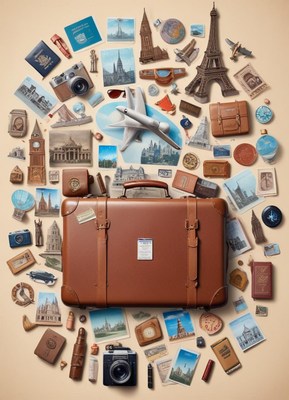 A brown suitcase surrounded by travel souvenirs