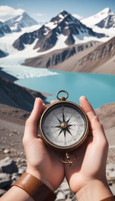 A compass held in front of snow-capped mountains