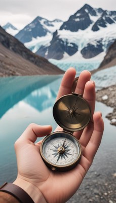 A compass held out in front of mountains and a lake