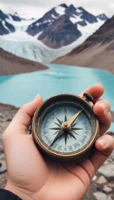 A compass is held up in front of a glacial lake