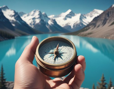 A hand holds a compass in front of a lake and mountains