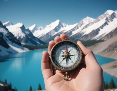 A compass is held in front of a mountain lake