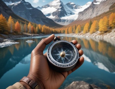 A hand holds a compass in front of a mountain lake