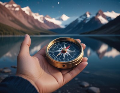 A hand holds a compass in front of a mountain lake