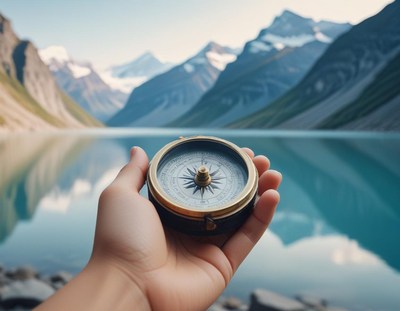 A hand holds a compass in front of a mountain lake