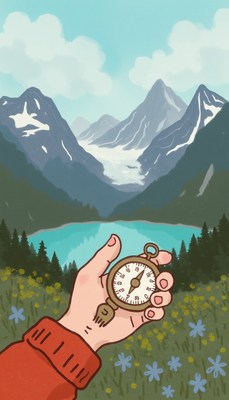 A hand holds a compass in front of a scenic mountain lake