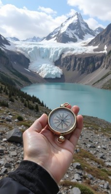Compass guides by a glacier lake in the mountains