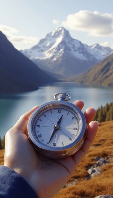 A compass is held up in front of a snow-capped mountain