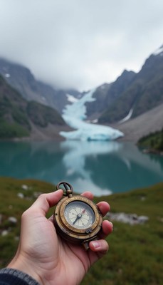 A hand holds a compass in front of a glacial lake