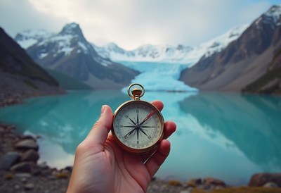 A hand holds a compass in front of a glacial lake