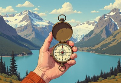 A hand holds a compass in front of a mountain lake